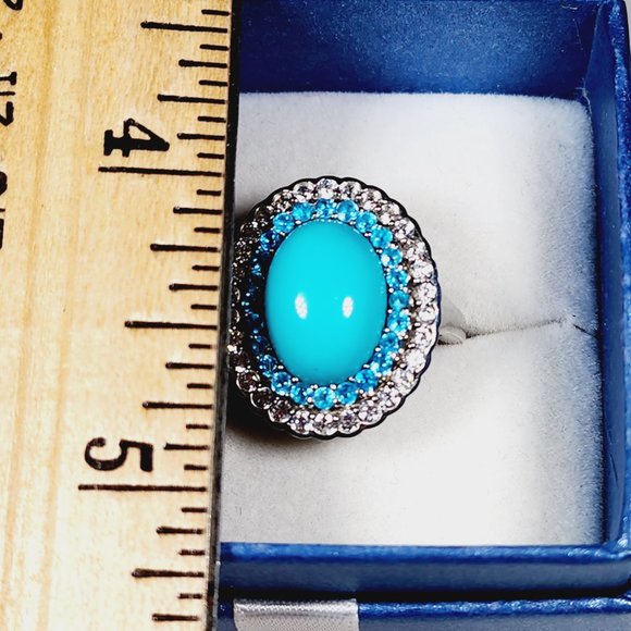 Sleeping Beauty Turquoise, Neon Apatite, White Zircon halo ring in Plat/925 sz 8 - Picture 2 of 6